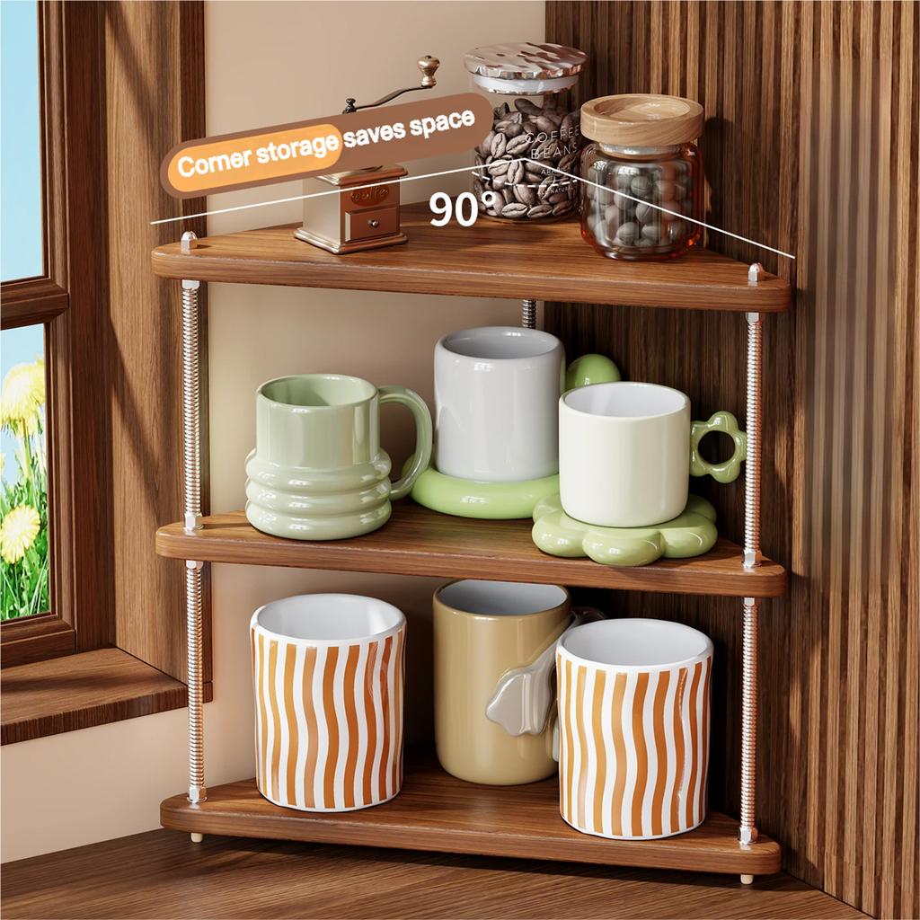 Wooden Corner Cup Holder Desktop Mug Rack, 3 Tier Coffee Bar And Tea Cup Organizer Shelf For Kitchen Counter Or Sideboard
