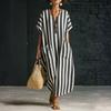 Locker sitzendes gestreiftes Kaftan-Kleid mit V-Ausschnitt und kurzen Ärmeln für Damen, lässiges langes Maxikleid mit Taschen
