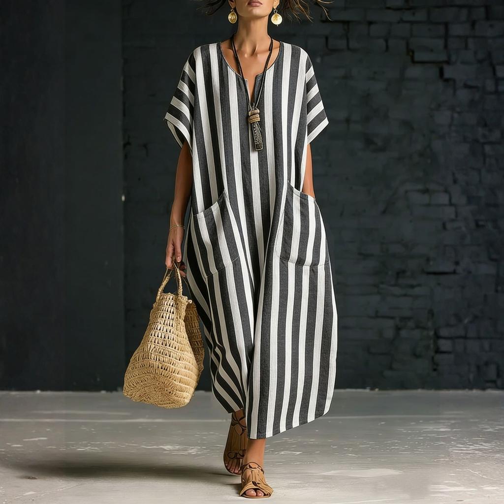 Locker sitzendes gestreiftes Kaftan-Kleid mit V-Ausschnitt und kurzen Ärmeln für Damen, lässiges langes Maxikleid mit Taschen