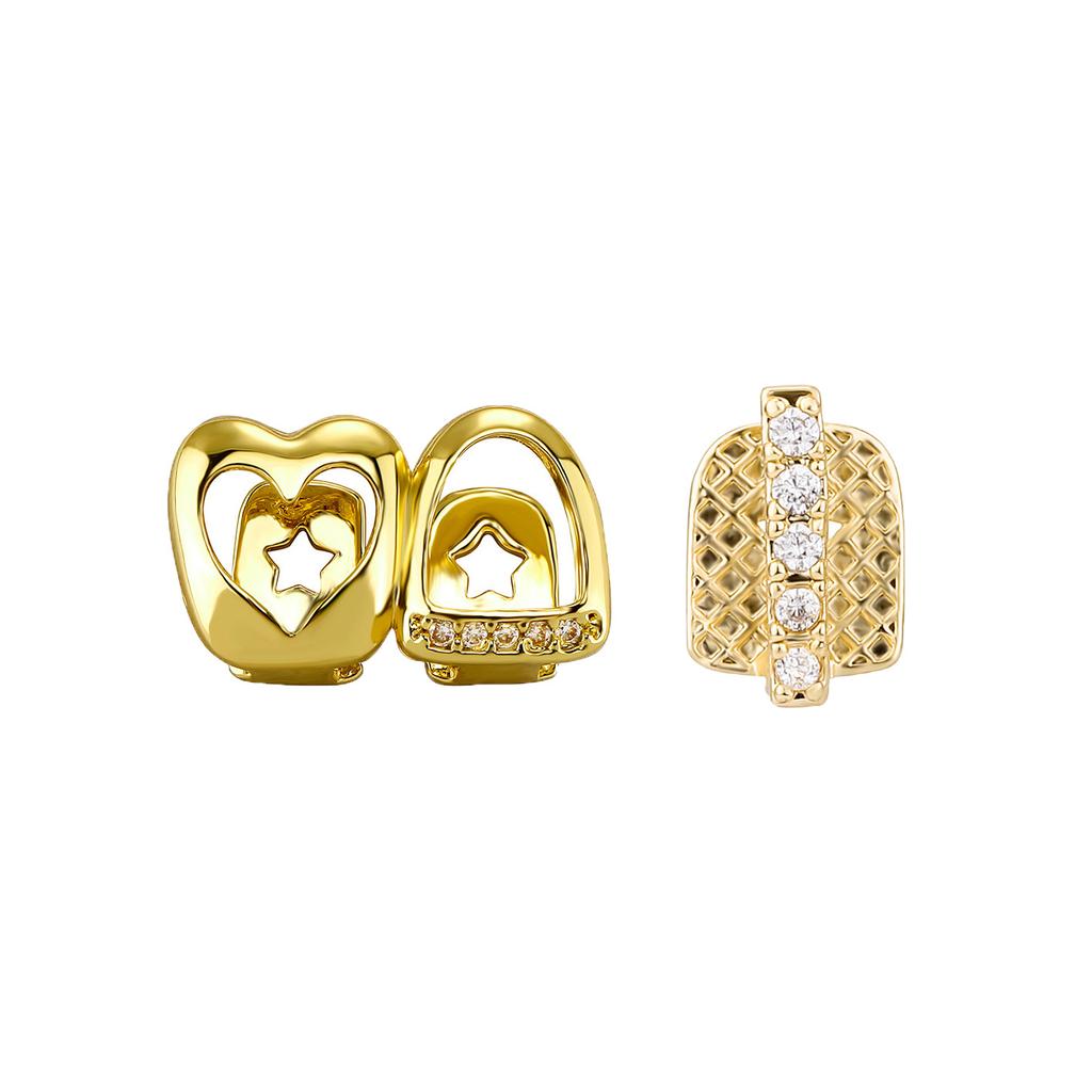 Double Heart Diamond-Studded Gold Teeth Hip-Hop Braces Versatile Halloween Personalized Teeth Accessories