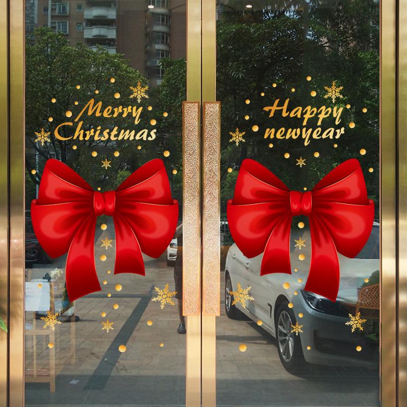 Merry Christmas Window Decor: Red Ribbon, Gold Snowflake, Static Cling
