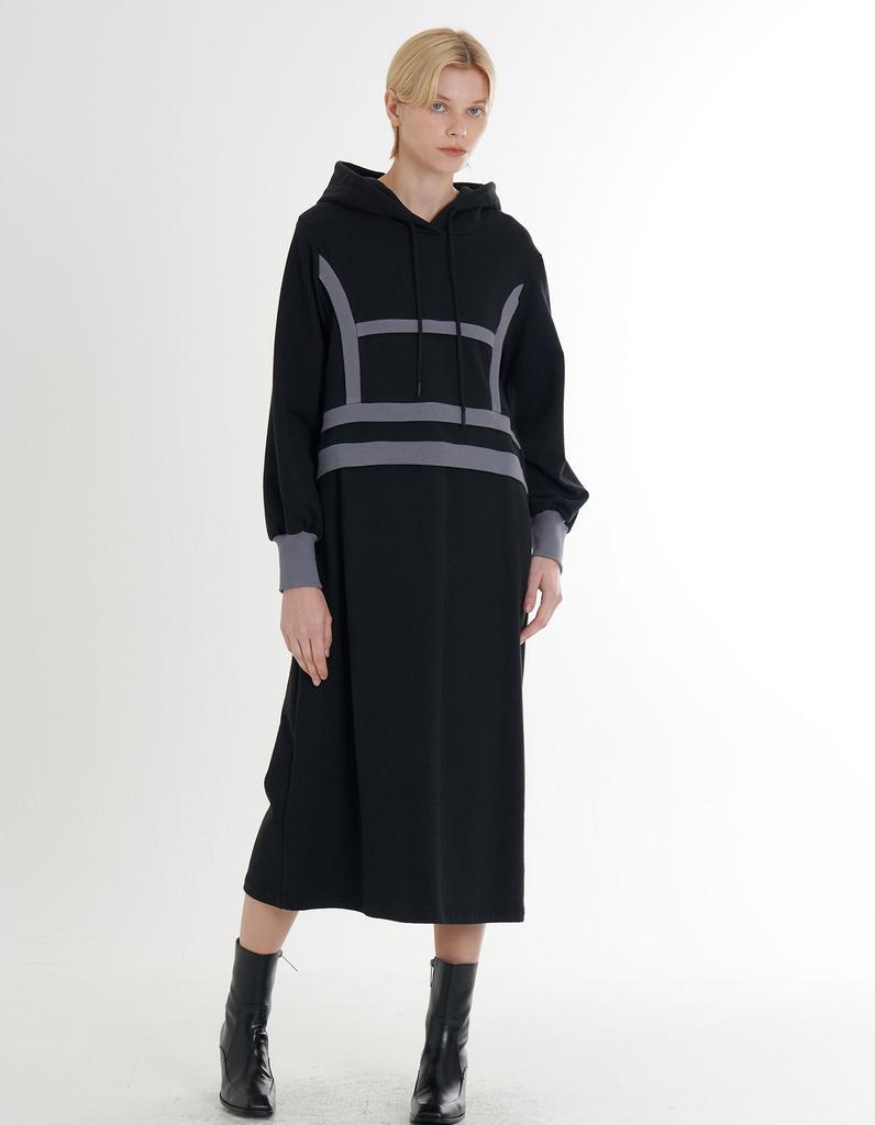 FREAKS BY KIMTAEHOON Cotton Spandex Terry Bag Brushed Fleece Structured Color Block Rib Detail Hooded Midi Dress _Black