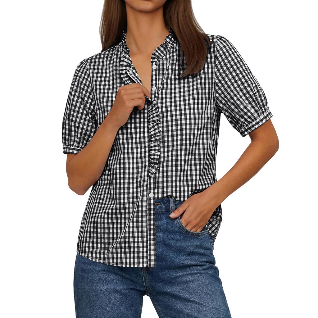 Damska Modna Koszulka T-shirt Top w Kratkę z Dekoltem V na Guziki, Codzienny, Lekki, Krótki Rękaw, z Falbanką
