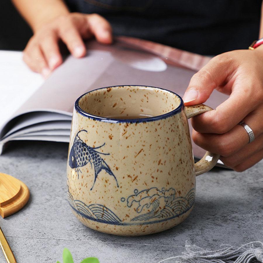 YWDL 350ml Japanese Ceramic Coffee Mug With Lid And Spoon Milk Breakfast Cups Home Heat-resistant Teacup Tumbler Water Mug Gift