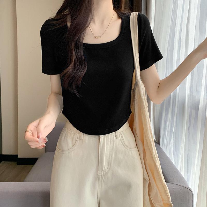 

Футболка Macaron для женщин, лето 2024, новый чистый хлопок, утягивающий, короткий фасон, горячая девушка, топы с короткими рукавами XL