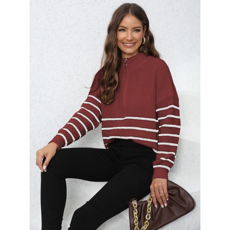 Women's Autumn/Winter Knitted Stripe Patchwork Half High Neck Zip Loose Woven Sweater