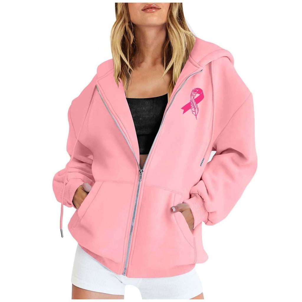Women's Breast Sweatshirt Ribbon Breast Long Sleeve Hooded Pocket Casual Sweatshirt Jacket