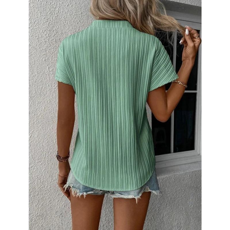 Women's New Summer Top Solid Color V-neck Striped Short-sleeved Casual T-shirt Shirt