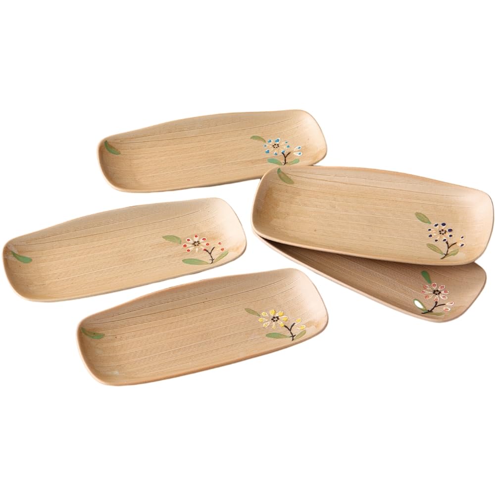 Ale-net Small Plate Set, W16 x D7 x H1.6cm, Hand-Painted Small Flower Rectangular Plates, Porcelain, Seto Ware, Made in Japan