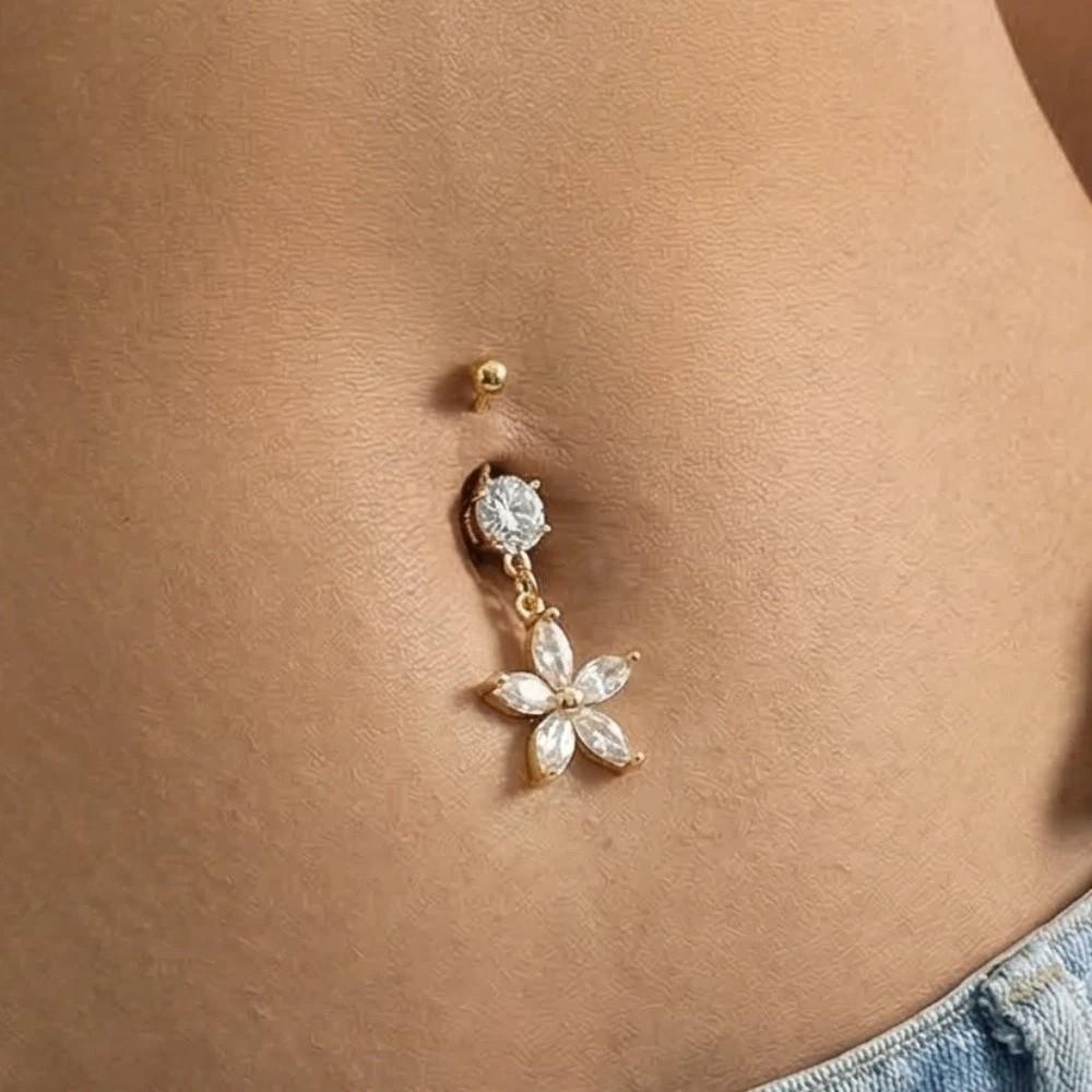 Dangled Design Apricot Blossom Navel Jewelry Zinc Zinc Alloy Flower Rhinestone Belly Ring  Women