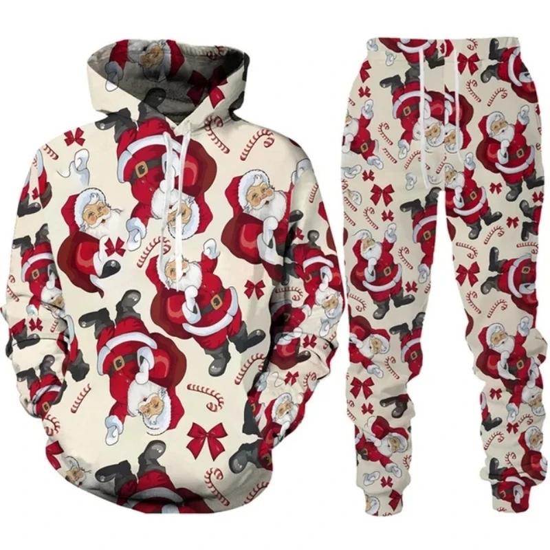 

Новогодние рождественские толстовки с капюшоном Y2k мужские брюки Санта-Клаус мужской 3D-печатный спортивный костюм комплект новинка свободный мужской уличная одежда 3XL