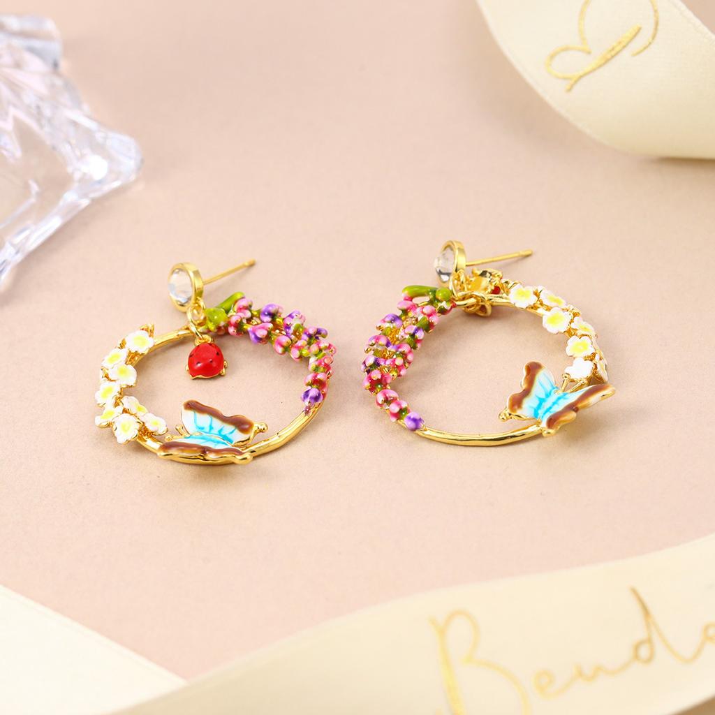 Fashion Enamel Colored Wreath Exquisite Flower Earrings Dripping Oil Color Sweet Spring and Summer Butterfly Temperament Silver Needle Earrings