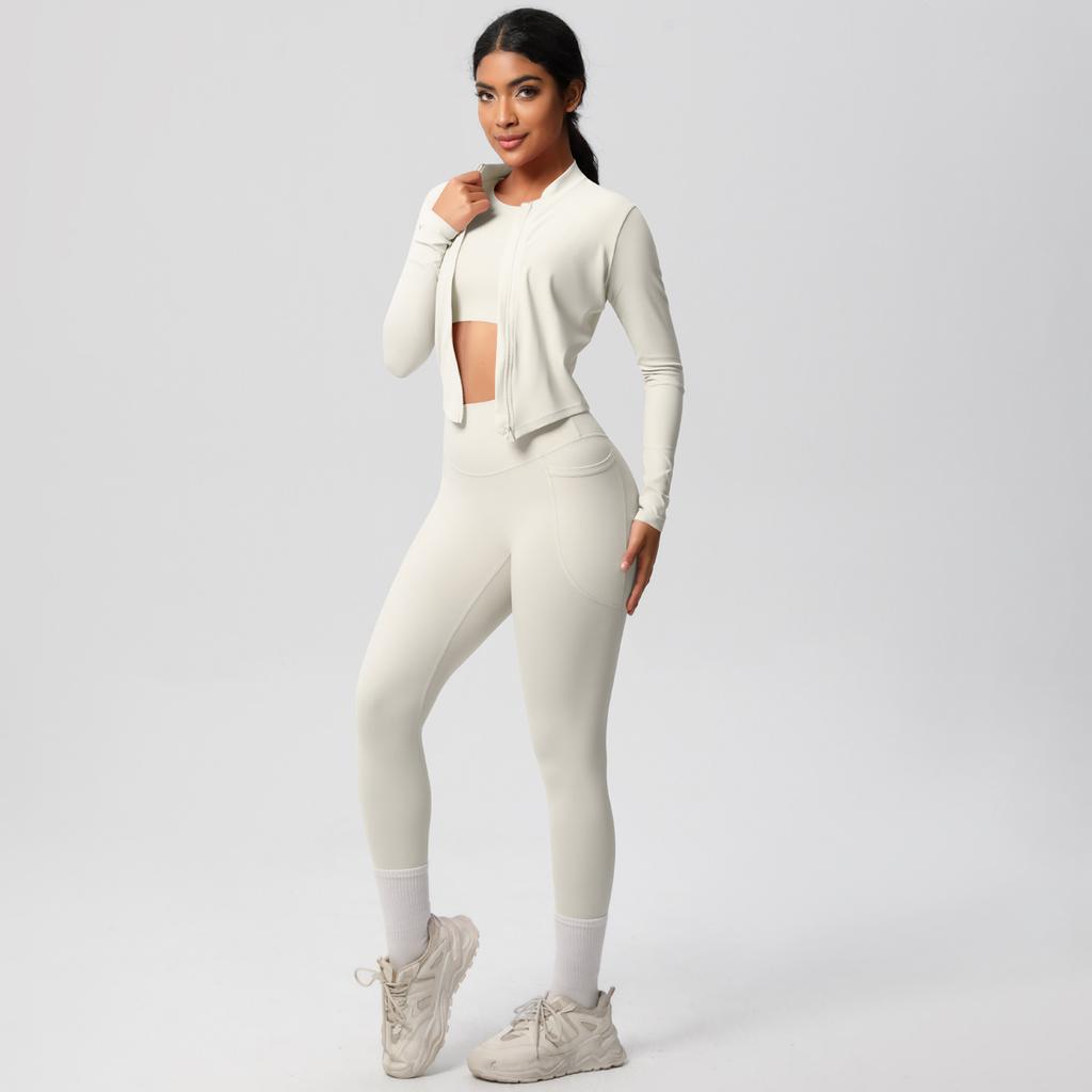 High Waisted, Hip Lifting, Tight Fitting, Quick Drying Yoga Suit Set, Cloud Inspired Running And Fitness Sportswear Three Piece Set For Women
