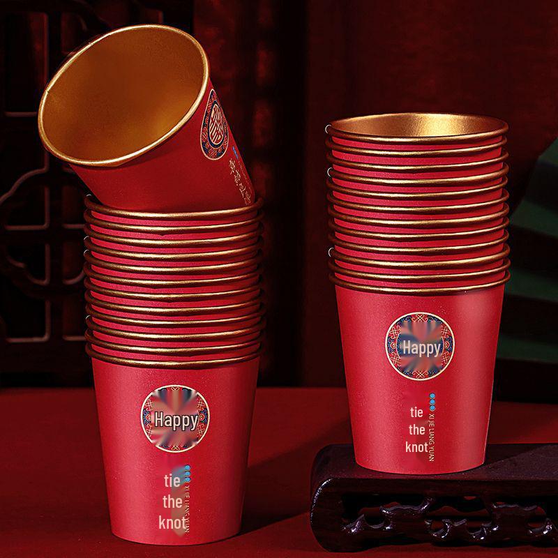 Disposable Wedding Paper Cups - Gold Foil Red Design for Anniversaries, Banquets, and Tea Ceremonies