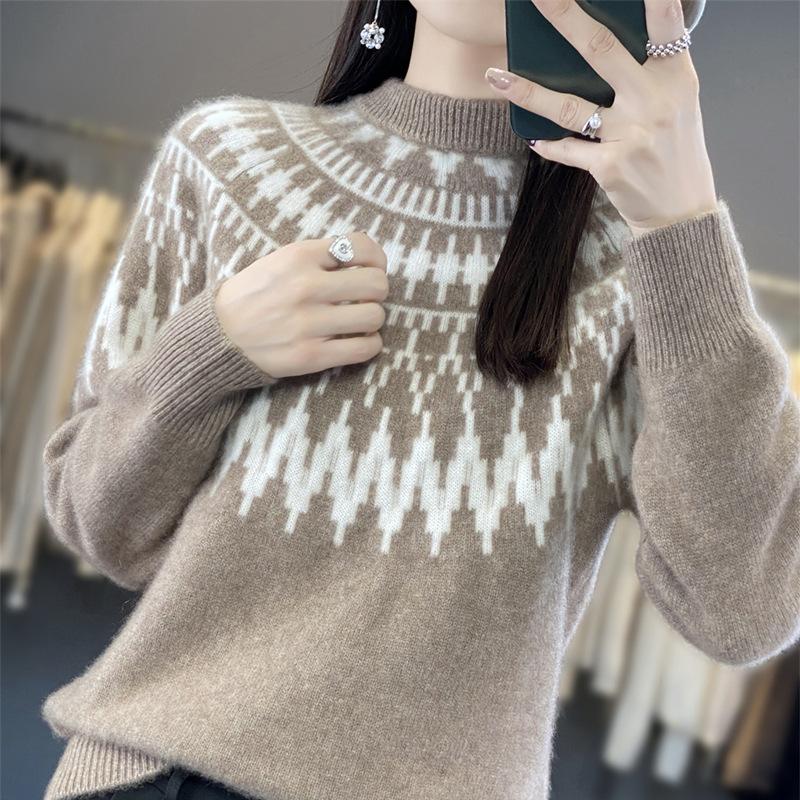 Autumn and Winter Thickened Sweater Women's Half-high Collar Outer Knit Sweater Loose Long-sleeved Inner Jacquard Bottoming Shirt