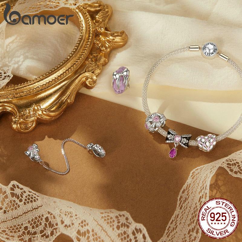 Bamoer Original 925 Silver Witch Knot Pendant Bow Charm Pink Love Beads DIY For Women Party Daily Gift Fine Jewlery