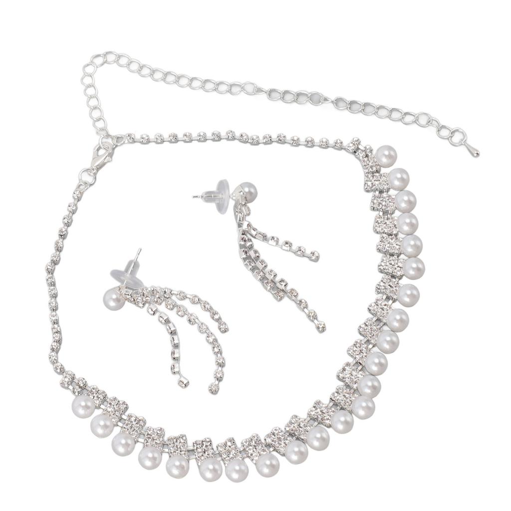 Women Necklace Earring Set Rhinestone Artificial Pearl Shiny Bride Jewelry Set for Birthday Party Wedding