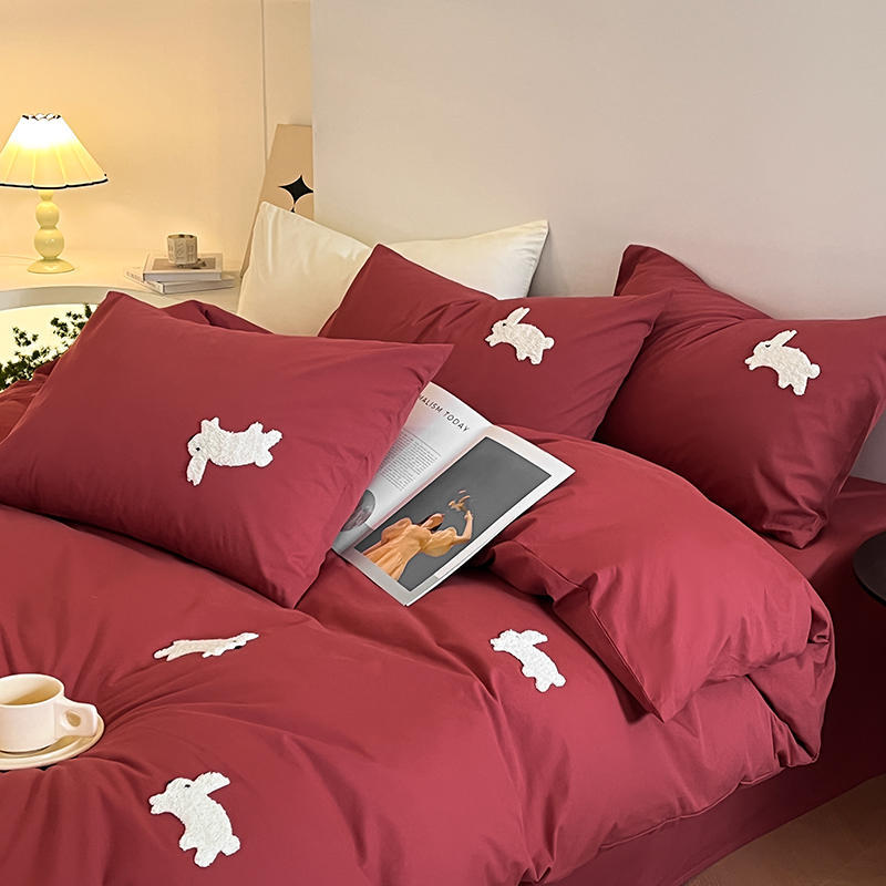 Class A pure cotton washed cotton four-piece set 40s towel embroidery small fresh student dormitory three-piece set bed sheet quilt cover