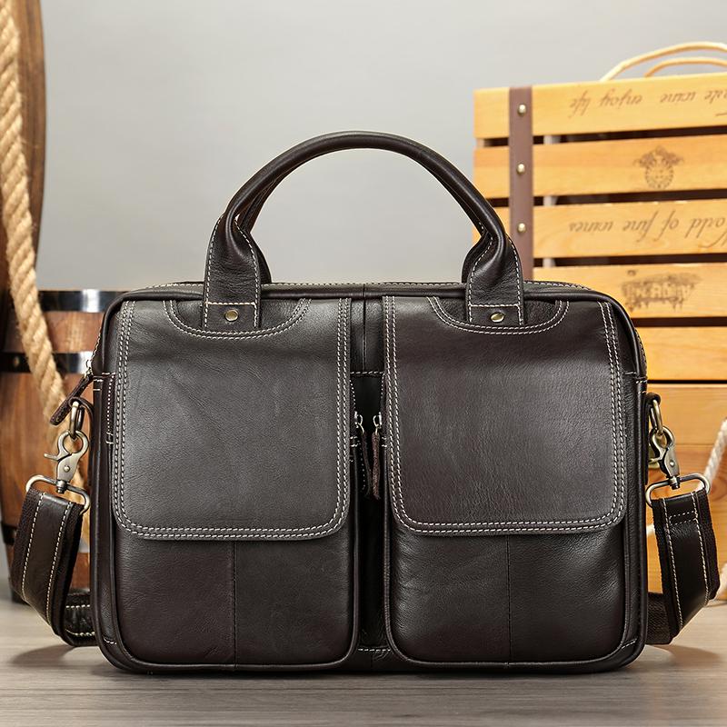 Fashion European and American Retro Style Men's Shoulder Bag Top-Grain Leather Business Briefcase Multi-Pocket Genuine Leather Men's Crossbody Bag