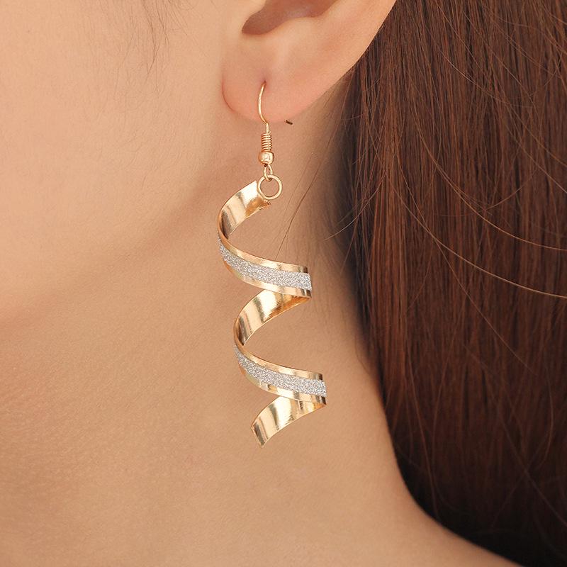 New Fashion Personality Wild Spiral Geometric Earrings Long Ring Frosted Gold And Silver Two- Wild Earrings