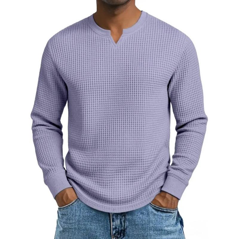 Herren Plus Size Waffel Karomuster Slim Fit Langarm V-Ausschnitt Lässiges T-Shirt