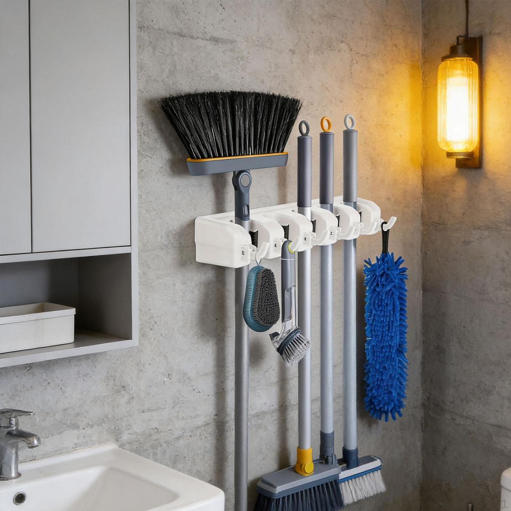 Broom Wall Mount Bracket Space Saving Non Slip Mop Storage Rack for Basement Tool