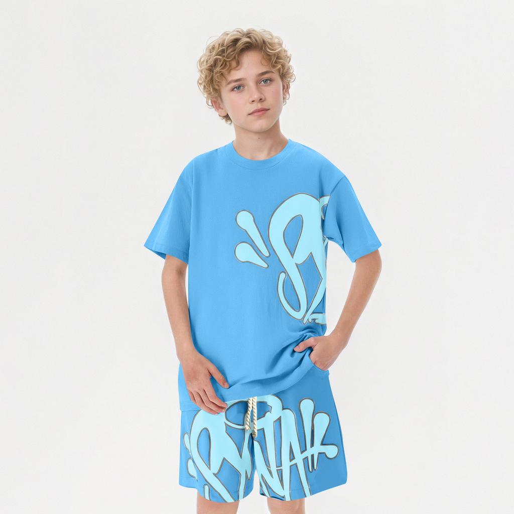 Kids Summer Short Sleeve T Shirt and Shorts Set Lightweight Breathable Casual Sportswear with Elastic Waistband and Printed Design for Boys Girls