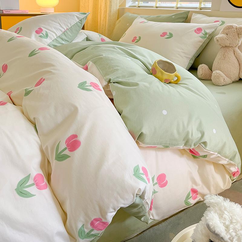 Pure Cotton Printed Four-piece Set, Pure Cotton Bed Sheet, Quilt Cover, Small Fresh Three-piece Set, Bed Home Thickened Quilt Cover