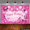 2D plane pink birthday party backdrop with high heels and crown decorations at the center.zyc