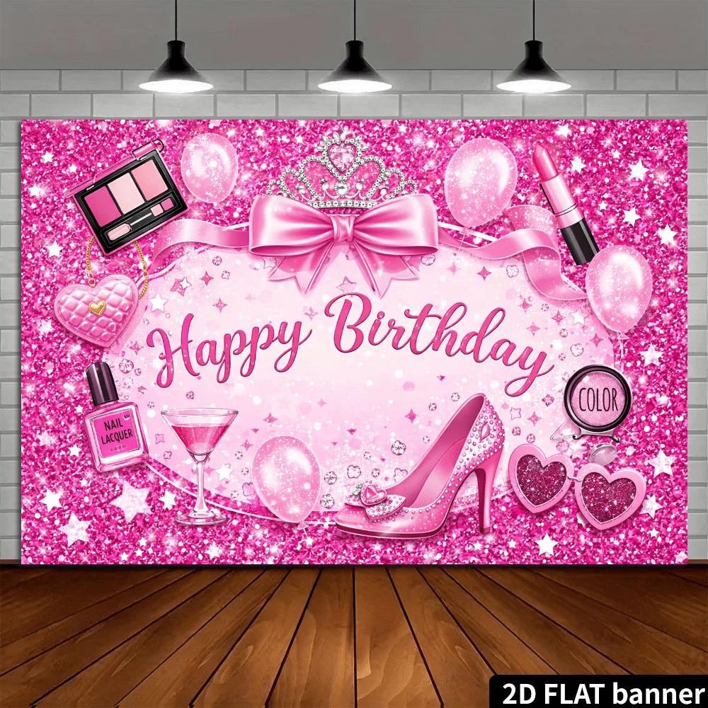 2D plane pink birthday party backdrop with high heels and crown decorations at the center.zyc