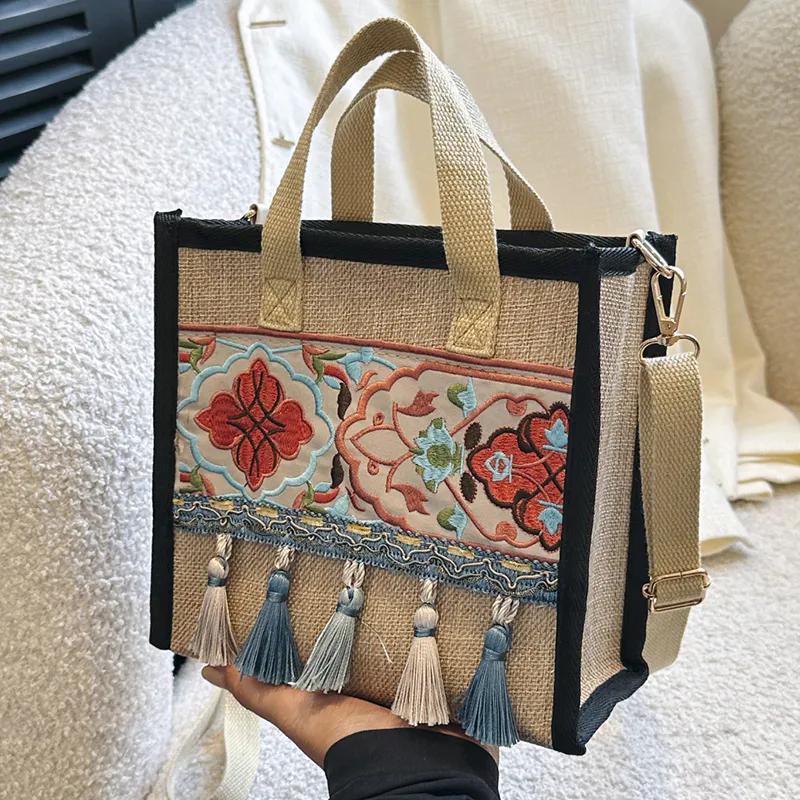 WTEMPO Ethnic Style Casual Versatile Hemp Strap Bags Women's Zipper Crossbody Bags Tassel Singer Shoulder Bags