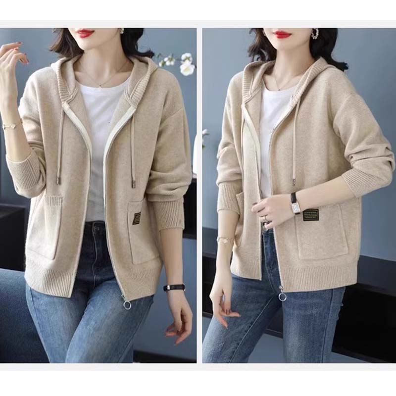 Cárdigan de Punto de Lana con Capucha de Color Sólido Otoño Mujeres Suéter de Manga Larga Holgado Cremallera Prendas de Punto Abrigo