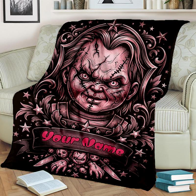 1PC Custom Name Horror Movie Poster flannel blanket versatile,all-season throw suitable for the living room,bedroom,camping,travel,and gift