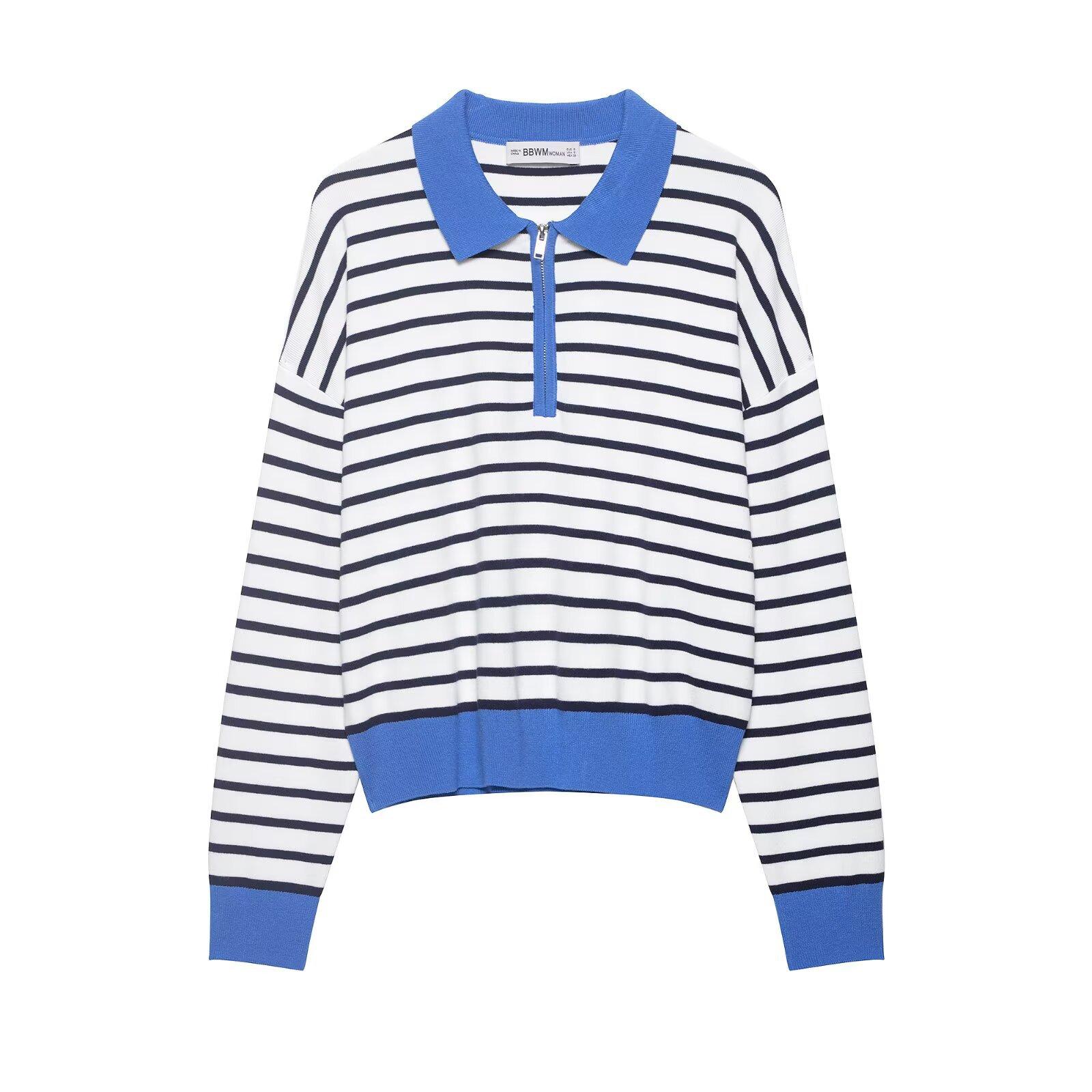 European and American style, new women s fashion, fashionable versatile striped knit polo shirt 5536060 S