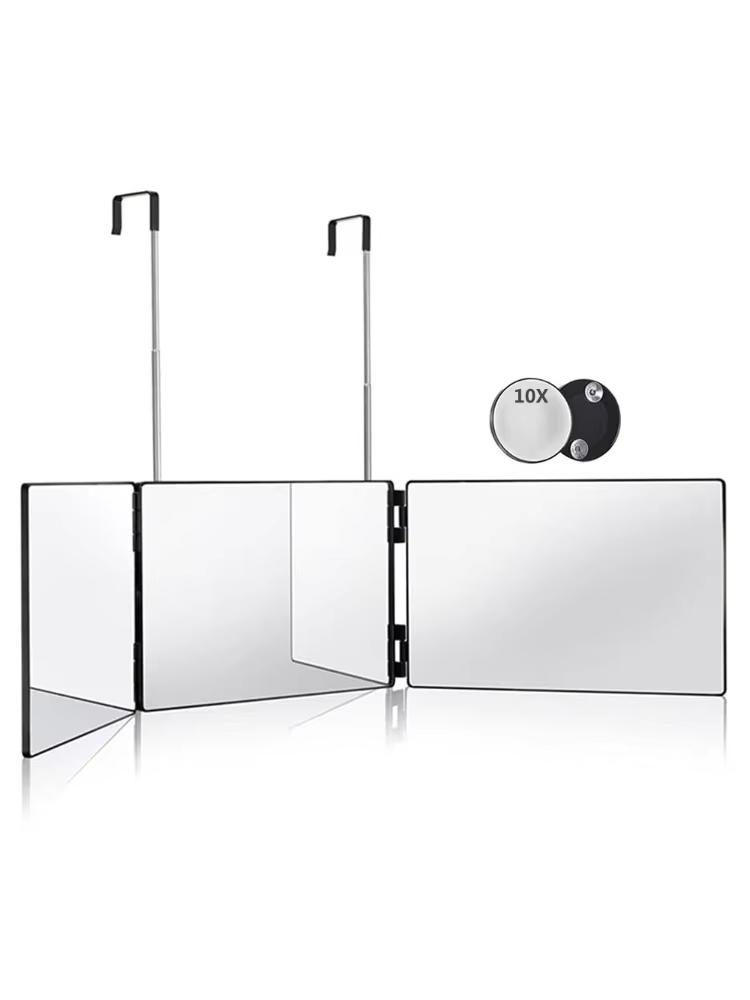 Black Portable 360 Trifold Mirror with Height Adjustable Telescoping Hooks Ideal for Self Hair Cutting Makeup Essential Fordable