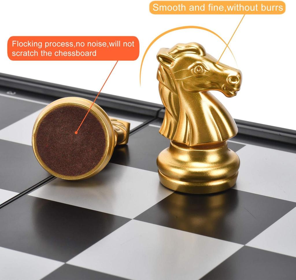 3-in-1 Magnetic Chess, Checkers, Backgammon Board Game Set, 12.5' Folding Travel Game for Kids & Adults (Gold & Silver)