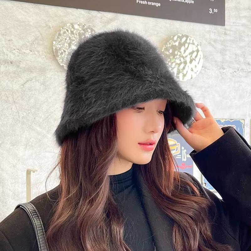 

Soft Rabbit Fur Fluffy Bucket Hat For Women Autumn Winter Warm Plush Fisherman Cap Outdoor Fordable Female Windproof Basin Caps