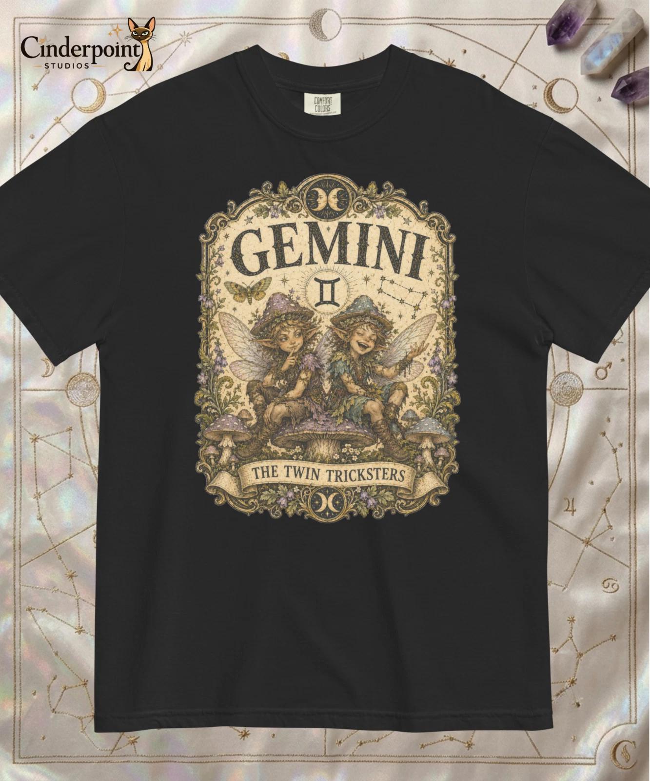 Gemini Twin Tricksters Premium Comfort T-Shirt Mushroom Fairies Zodiac Tee S-4XL XXL