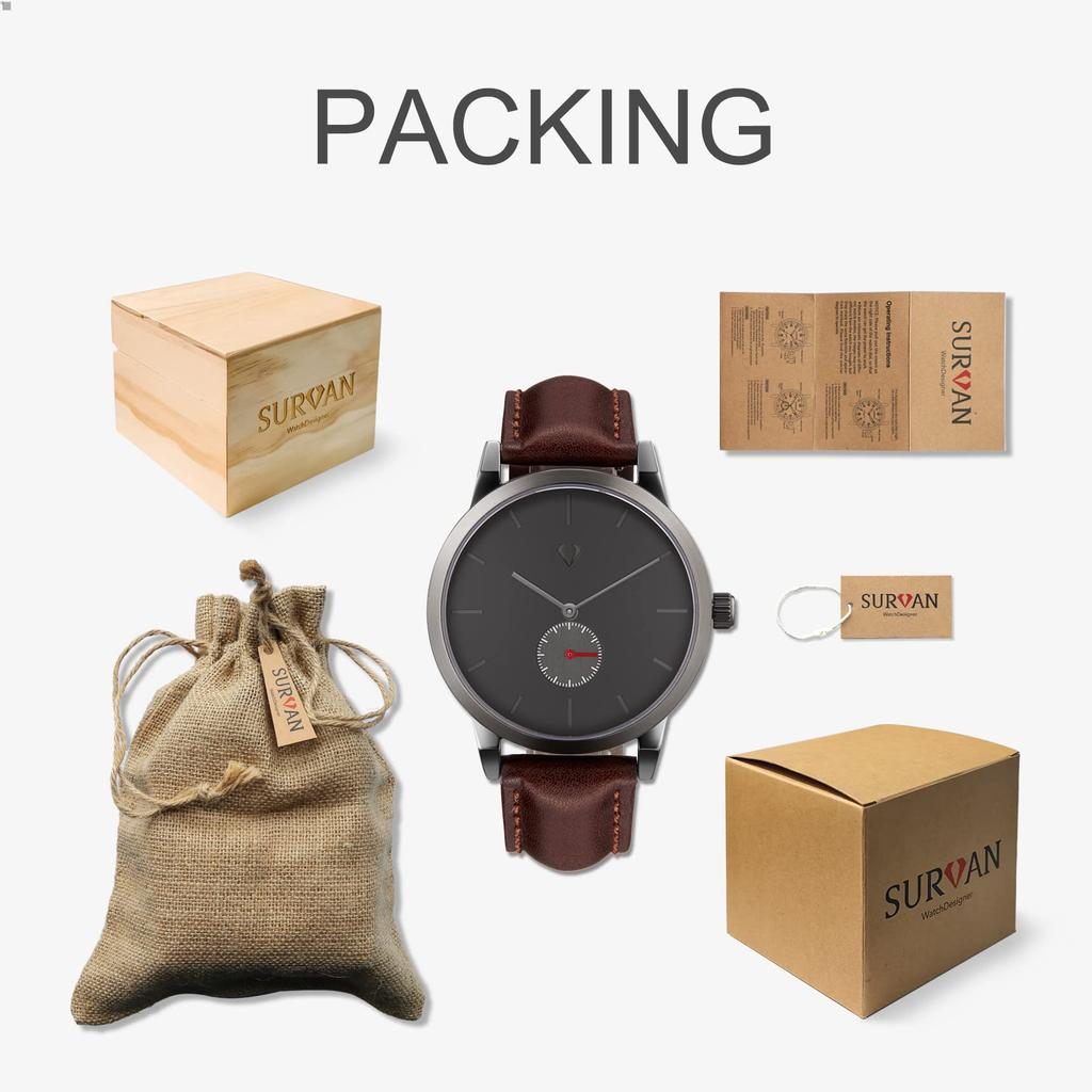 SURVAN WatchDesigner Swiss Quartz Sapphire Genuine Leather Water Resistance Men's Watch, Top-Level Construction, Movement, Mirror, Strap, 50-M