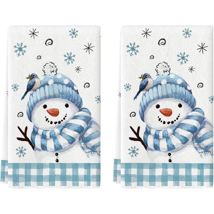 Artoid Mode Red Black Buffalo Plaid Bird Snowman Winter Kitchen Towels Dish Towels, 18x26 Inch Farmhouse Snowflakes Decoration Cleaning Set of 2