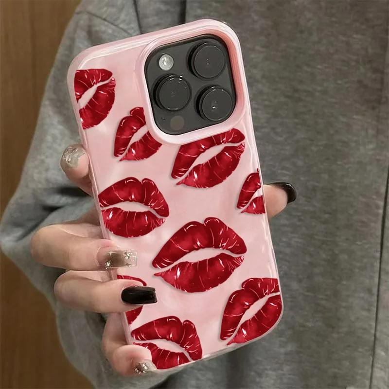 Red Lip Print Mobile Silicone Phone Case ForiPhone 17 16 15 14 13 12 Pro Max Plus 17 11 Air Texture Shockproof Soft Cover
