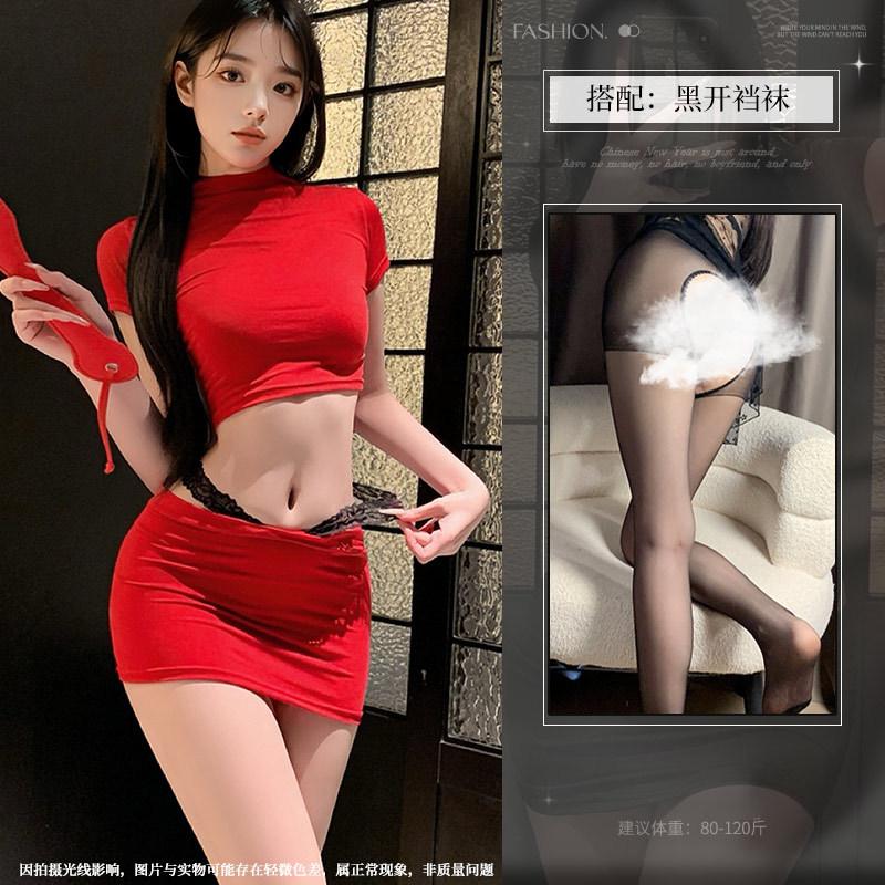 Fashion Wear Spice Girl Slim Pure Desire Black Front Shoulder Short Sleeve Low Waist Sex Underwear Hip Skirt Women