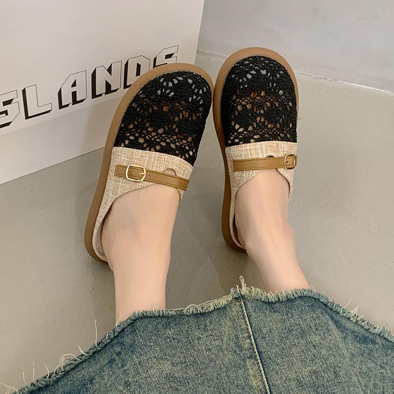 Fashion Shoes for Women 2025 New Breathable Flax Outdoor Women's Slippers Fashion Flat with Baotou Hollow Out Solid Modern Slippers