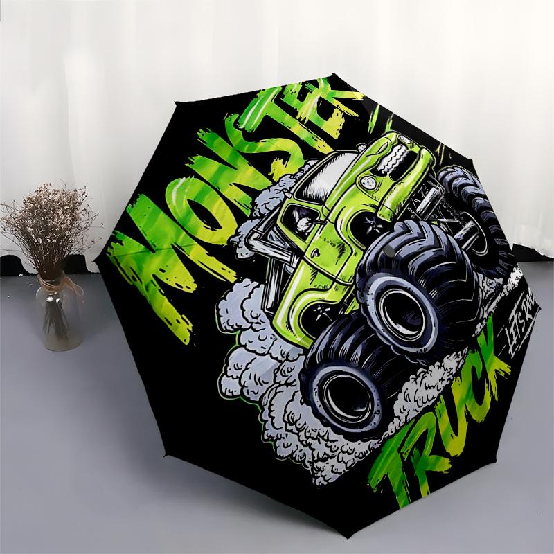 Monster Truck Themen-Reiseregenschirm mit 8 Speichen, Automatisches Öffnen und Schließen, Tragbares faltbares Design, Kompakter und stilvoller Schirm geeignet für