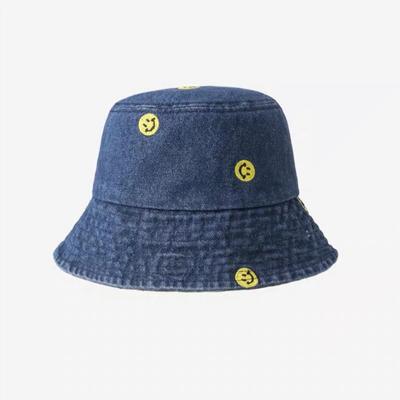 Japanese Simple Smiley Face Embroidered Denim Fisherman Hat Girl Harajuku Vintage Pot Hat Korean Version Spring and Summer Sun Protection Sun Hat Man