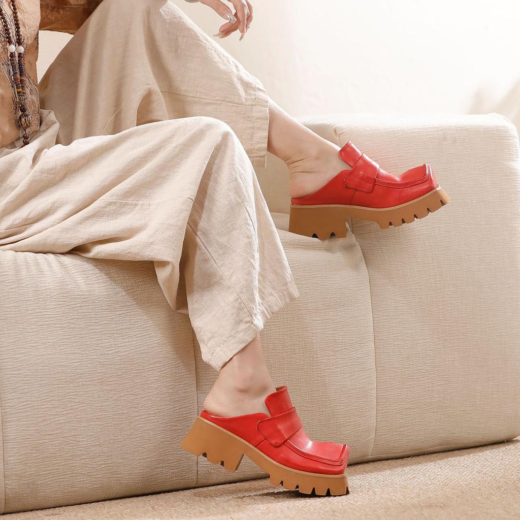 Johnature Retro Genuine Leather Square Toe Thick Soled Outdoor Slippers Thick Heel Women's Slip-on Shoes
