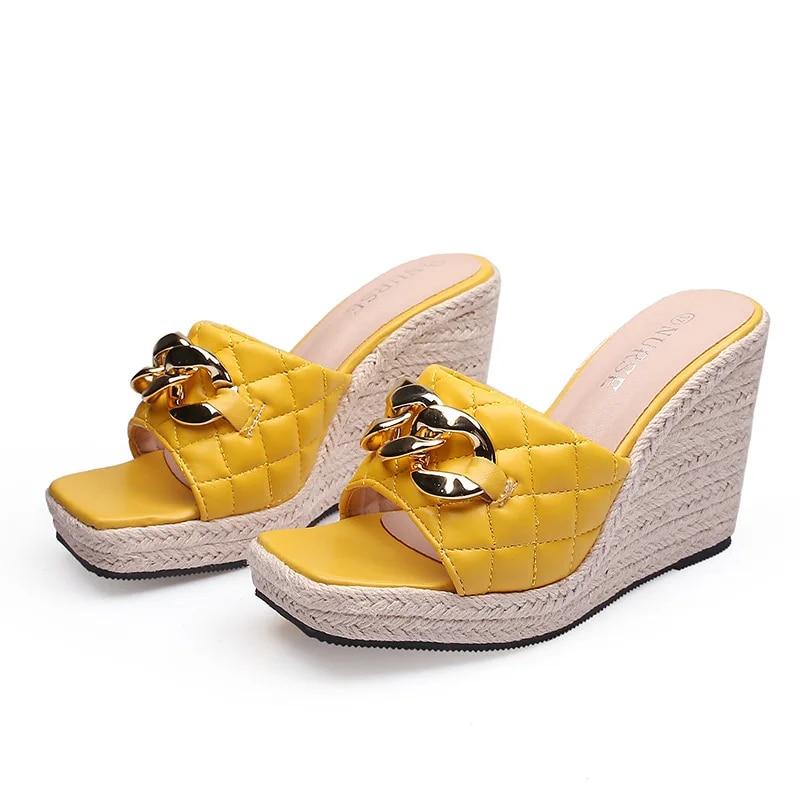 Peep Toe Sandals Women Summer Shoes Fashion Platform Shoes Elegant Ladies Sandals Wedge Heel 10cm Yellow Black Pink