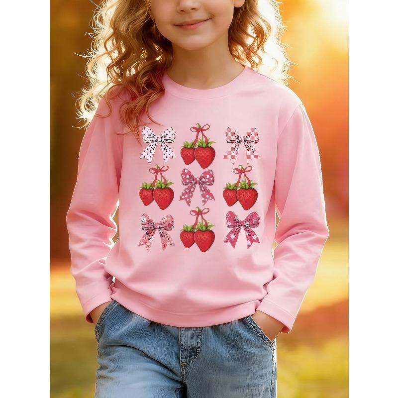 European sizes Kids Spring Autumn Daily Casual Cute Cartoon Print Long Sleeve TShirt Cartoon Strawberry Various Bow Prints Skinfriendly Soft