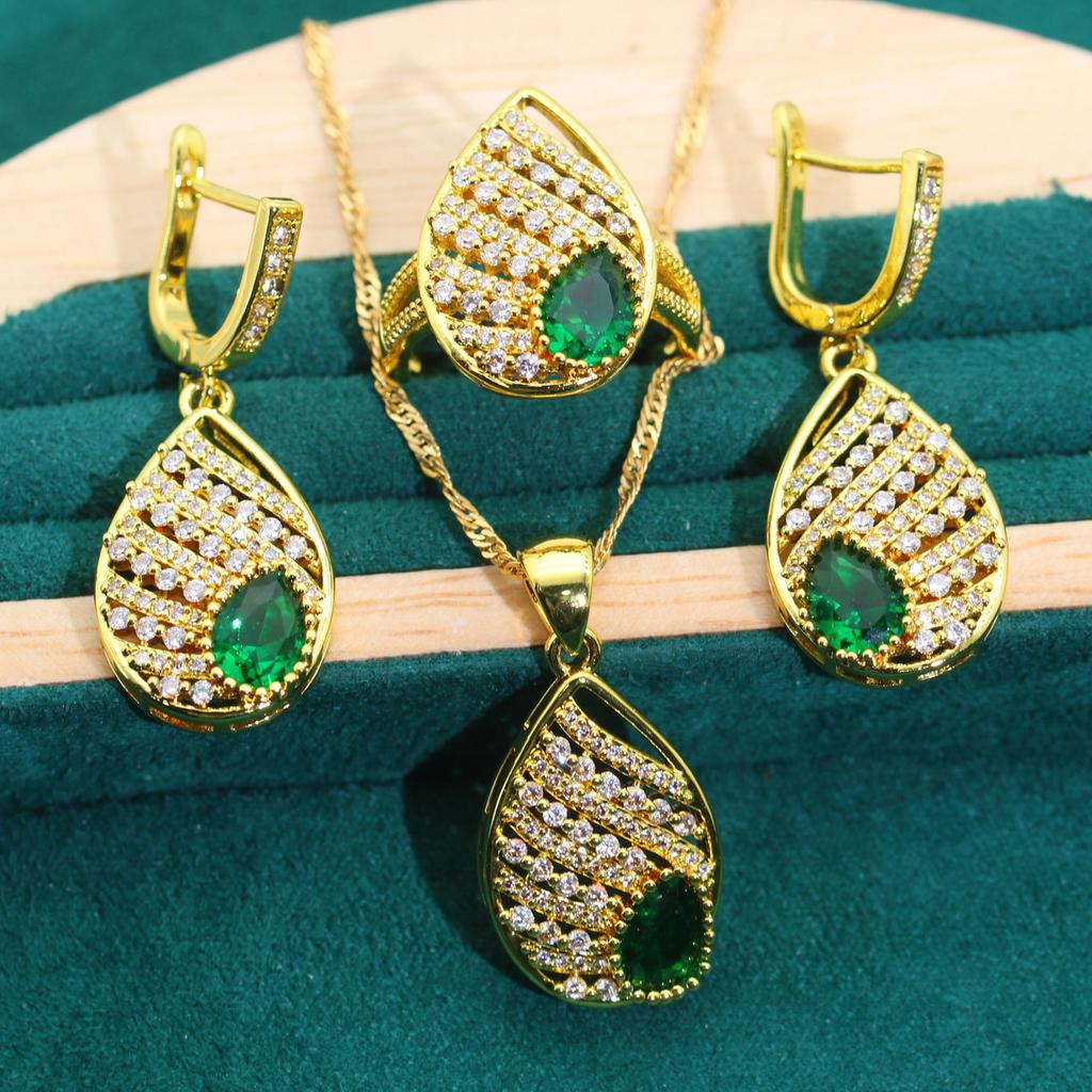 Europe and The United States Set Micro-green Jewelry Anti Allergic Zircon Necklace Earrings Earrings Ring Jewelry Set