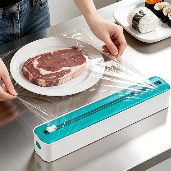 Wall Mounted Wrap Holder Plastic Dispenser with Slider Cutter, No-Drill Mount Magnetic Cutter Tool Cling Film Refillable Food for Kitchen Universal